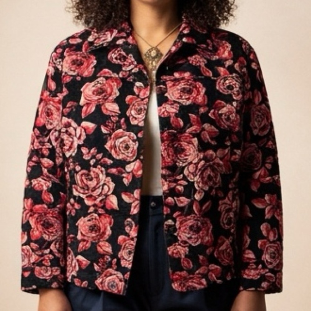 Vintage Draper's & Damons Floral Pink and Black Jacquard Women's Jacket‎ -- XL